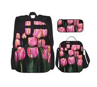 JIUTY Zaini rossi e tulipani con stampa di 3 pezzi, 40,6 cm, borsa per libri scolastici con scatola per il pranzo, grandi zaini per scuola elementare prescolare, Nero , Taglia unica, Set di zaini per