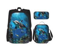 JIUTY Zaino 3D Underwater World Fish Dolphi, 3 pezzi, 40,6 cm, con portapranzo, grandi zaini per scuola elementare prescolare, Nero , Taglia unica, Set di zaini per la scuola