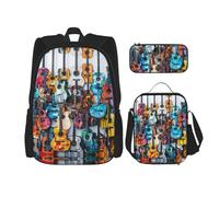 JIUTY Zaino a colori per chitarra acustica e 3 pezzi, 40,6 cm, borsa per libri scolastici con portapranzo, grandi zaini per scuola elementare prescolare, Nero , Taglia unica, Set di zaini per la