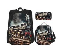 JIUTY Zaino a forma di treno locomotiva a vapore, 3 pezzi, 40,6 cm, borsa per libri scolastici con portapranzo, grandi zaini per scuola materna elementare, Nero , Taglia unica, Set di zaini per la