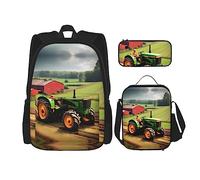 JIUTY Zaino con motivo trattore fattoria 3 pezzi, 40,6 cm, borsa per libri scolastici con scatola per il pranzo, grandi zaini per scuola elementare prescolare, Nero , Taglia unica, Set di zaini per la