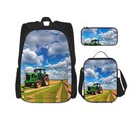 JIUTY Zaino con trattore sotto cielo blu e nuvole bianche, 3 pezzi, 40,6 cm, borsa per libri scolastici con portapranzo, grandi zaini per scuola elementare prescolare, Nero , Taglia unica, Set di