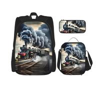 JIUTY Zaino con treno a vapore e nuvole, 3 pezzi, 40,6 cm, per la scuola materna, Nero , Taglia unica, Set di zaini per la scuola