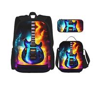 JIUTY Zaino magico con chitarra elettrica, 3 pezzi, 40,6 cm, borsa per libri scolastici con portapranzo, grandi zaini per scuola elementare prescolare, Nero , Taglia unica, Set di zaini per la scuola