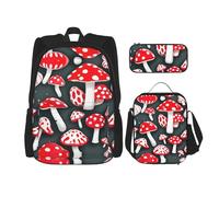 JIUTY Zaino per libri scolastici con fungo rosso e bianco, 3 pezzi, 40,6 cm, con scatola per il pranzo, grandi zaini per scuola elementare prescolare, Nero , Taglia unica, Set di zaini per la scuola