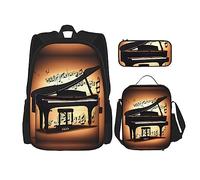 JIUTY Zaino per scuola con pianoforte e note musicali, 3 pezzi, 40,6 cm, con scatola per il pranzo, grandi zaini per scuola materna elementare, Nero , Taglia unica, Set di zaini per la scuola