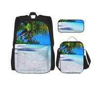 JIUTY Zaino tropicale con sabbia bianca e oceano, 3 pezzi, 40,6 cm, borsa per libri scolastici con scatola per il pranzo, grandi zaini per scuola elementare prescolare, Nero , Taglia unica, Set di