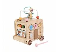 Jiuvaso Carrello Educativo Bambini Centro Attività Legno Gioco Interattivo con Perline Scatola Forme Ruote Stabili Spingibile, Colore Legno Naturale, Multifunzionale Autobus Giocattolo