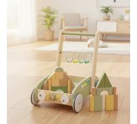 Jiuvaso Girello Bambini Passeggino Carrello Spinta Attività Educative Legno con Perline Traccia Laterale Ingranaggi Giochi Adatto per Apprendimento Precoce E Casa, Verde, 1/Set