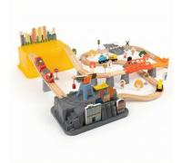 Jiuvaso Treno Elettrico per Bambini Set Binari Gioco in Legno con Trenino Ponti Edifici Segnali Alberi Costruzioni Miniature Apprendimento Manuale