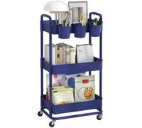 JIUYOTREE Carrello portaoggetti in plastica a 3 livelli con manici extra appesi e ruote bloccabili, per soggiorno, bagno, cucina, ufficio, blu