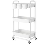 JIUYOTREE Carrello portaoggetti in plastica a 3 livelli con manici extra appesi e ruote bloccabili, per soggiorno, bagno, cucina, ufficio, bianco