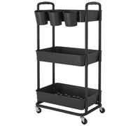 JIUYOTREE Carrello portaoggetti in plastica a 3 livelli con manici extra appesi e ruote bloccabili, per soggiorno, bagno, cucina, ufficio, nero