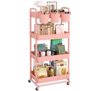 JIUYOTREE Carrello portaoggetti in plastica a 4 livelli con maniglie extra appese e ruote bloccabili, per soggiorno, bagno, cucina, ufficio, rosa