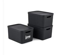 Jive Dekobox Set di 3 contenitori da 16 l con coperchio, plastica (PP riciclato), grigio scuro, 3x16l (36,5 x 27 x 27 cm)