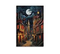 JIYAYCU Poster artistico con paesaggio con ombre galleggianti dell'antico castello al chiaro di luna, pittura decorativa su tela, 30 x 45 cm