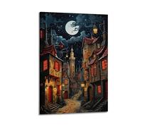 JIYAYCU Poster artistico con paesaggio con ombre galleggianti dell'antico castello al chiaro di luna, pittura decorativa su tela, 30 x 45 cm
