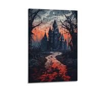JIYAYCU Poster artistico su tela, motivo: castello antico grigio e rosso al chiaro di luna, decorativo, 50 x 75 cm