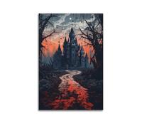 JIYAYCU Poster artistico su tela, motivo: castello antico grigio e rosso al chiaro di luna, decorativo, 50 x 75 cm