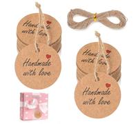 JIYIN 100 etiquetas de regalo, "Hecho a mano con amor", colgante de papel de estraza de 3 cm, etiquetas redondas con cordón, etiquetas decorativas colgantes para mercadillos, bodas, regalos