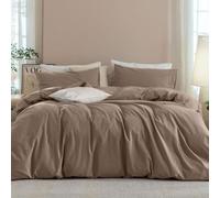 JIYUAN Set copripiumino in 100% cotone lavato, comodo, stile semplice, morbido, traspirante, testurizzato, resistente, per tutte le stagioni, per letto queen size, marrone tinta unita