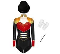 JIZYO Ragazza Circo Abito Brillante Diamante Bambino 4 Pezzi Set in Suede Con Cappello Guanti E Bastone Magica 6-16 Anni Nero 7-8 anni