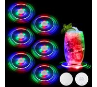 JIZZU Set di 6 Sottobicchieri LED Colorati Illuminati - Acrilici Impermeabili per Bicchieri Cocktail Con 12 Batterie Sostituibili