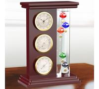 JJ Care Termometro Galileo con Orologio al Quarzo (Oro), Barometro Analogico e Igrometro, Stazione Meteorologica per Interni, Telaio in Vetro e Legno
