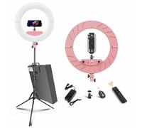 JJ JIANJIN Kit di luci ad anello: 45 cm, luce LED dimmerabile 55W6700k, supporto treppiede, telecomando, scatola per fotocamera, smartphone, YouTube, TikTok, riprese autoritratto, CRI95, rosa..