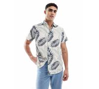 JJ Rebel - Camicia a maniche corte color bianco sporco con stampa di palme S