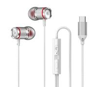 jj-shop24 Auricolari in-ear USB-C Sport Headset BASS per iPhone Huawei Samsung iPad Xiaomi Google Bianco Argento con cavo e microfono