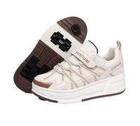 JJDFW - Scarpe da ginnastica 2 in 1 per bambini, a 4 ruote, retrattili, con freno, camminata e pattinaggio, tomaia in rete con cinturino in e chiusura in pizzo, suola spessa, bianco viola, marrone