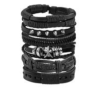 JJDreams 6Pz Bracciali punk da Uomo Bracciale in Pelle Nera Bracciale in pelle Intrecciata Largo Rocker Stile Gotico