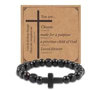JJDreams Bracciale di Perle di Legno con Croce Bracciale a Catena con Rosario Cristiano Bracciale di Preghiera Mala per Uomo e Donna