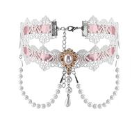 JJDreams Collana in pizzo con perle e nastro rosa, delicata collana da donna, gioielli per la sposa, matrimonio, occasioni speciali, collana bianca