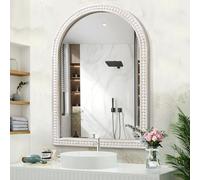 JJUUYOU Specchio da parete ad arco da bagno Specchio da bagno con cornice in legno ad arco 65 x 45 cm, moderno specchio da bagno per camera da letto, soggiorno, da appendere o appoggiato, bianco