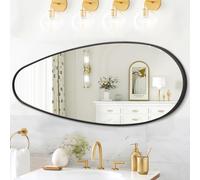 JJUUYOU Specchio da parete per bagno, grande, irregolare, con cornice in metallo nero, 98 x 45 cm, asimmetrico, antiruggine, in vetro temperato, da appendere orizzontalmente o verticalmente, per