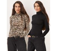 JJXX - Confezione da 2 top a maniche lunghe accollati nero e leopardato 40-42