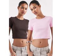 JJXX - Florie - Confezione da due T-shirt baby corte a coste marrone e rosa 40-42