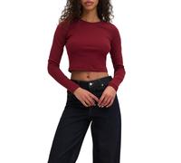 JJXX - Feline - T-shirt bordeaux a coste a maniche lunghe-Rosso 36