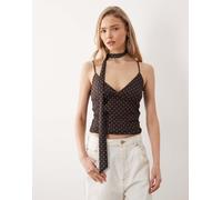 JJXX - Top in rete marrone a pois con spalline sottili e sciarpa 44