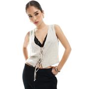 JJXX - Top stile gilet con allacciatura in misto lino crema a righe-Bianco 34