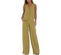 JJyaOX Completi Da Donna 2 Pezzi Set Gilet Con Scollo A V Senza Maniche Pantaloni A Gamba Larga 2 Pezzi Completo Blazer Estate Lino Abbinato (L,Verde)