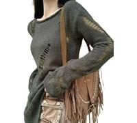 JJyaOX Top da donna a maniche lunghe con strappo, traforato, stile gotico punk, maglia a maglia, spalle oblique, orlo asimmetrico (taglia unica, 3-grigio), 3-grigio, Etichettalia unica