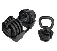 JK Fitness【Manubrio/Kettlebell Selezionabile 2in1 1-18 kg + Base】Dumbbell Regolabile Rapido, 1,5-18 kg (manubrio) e 1-10 kg (kettlebell), Antiscivolo, Salvaspazio per Home Gym e Functional