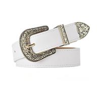 JK Home 108 cm Cintura Vintage Donna Uomo con Carved Incisione Fibbia in Metallo Western Cowboy Ecopelle 2,8 cm di Larghezza per Pantaloni Cowgirl Style, Oro bianco., 108x 2.8cm
