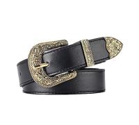 JK Home 108 cm Cintura Vintage Donna Uomo con Carved Incisione Fibbia in Metallo Western Cowboy Ecopelle 2,8 cm di Larghezza per Pantaloni Cowgirl Style, Oro nero, 108x 2.8cm