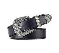 JK Home 108 cm Cintura Vintage Donna Uomo con Carved Incisione Fibbia in Metallo Western Cowboy Ecopelle 2,8 cm di Larghezza per Pantaloni Cowgirl Style, Argentato nero, 108x 2.8cm