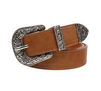 JK Home 108 cm Cintura Vintage Donna Uomo con Carved Incisione Fibbia in Metallo Western Cowboy Ecopelle 2,8 cm di Larghezza per Pantaloni Cowgirl Style, Argento cachi, 108x 2.8cm