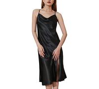 JK Home Camicia da notte da donna in raso pieno slip Chemise, pizzo di seta collo ad alto spacco backless abito da notte, camicia da notte base sottogonna, #2 nero, L